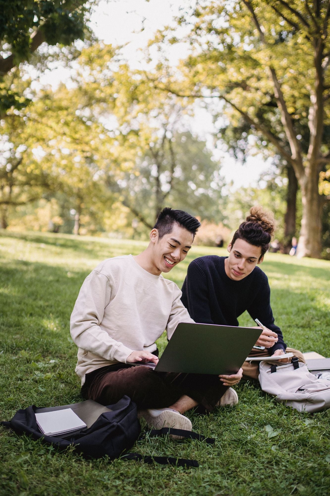Deux étudiants assis dans un parc regardent des offres sur un ordinateur portable